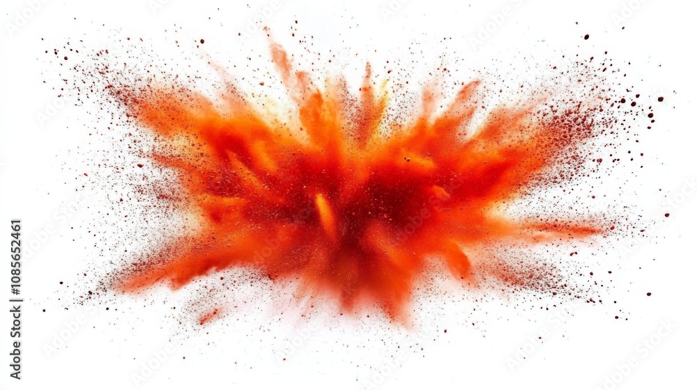 Poster lively burst of red and orange powder explosion with dynamic movement on white background - energeti