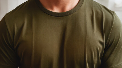 Close-up of a muscular man in a fitted olive-green t-shirt, exuding confidence and strength.