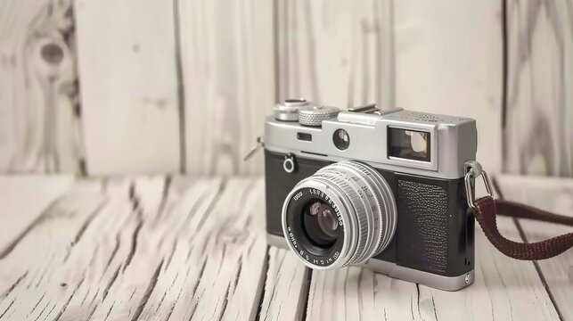 Retro Camera on Wooden Background - a charming and nostalgic visual. The retro camera adds a classic touch to the warm wooden setting.