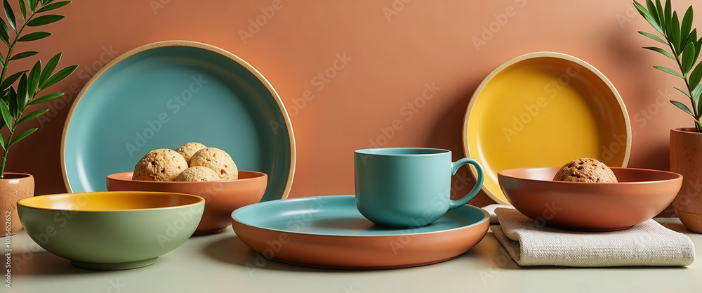 Poster a collection of bowls and vases are displayed on a table. the bowls are of various sizes and colors,