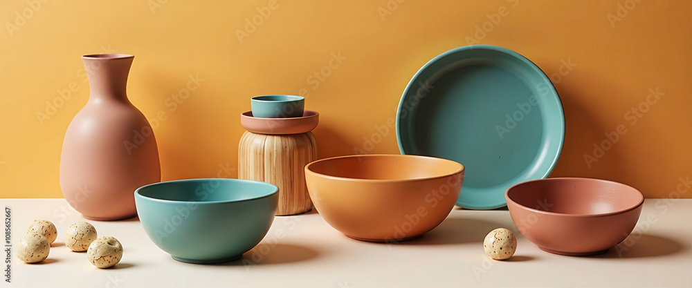 Poster a collection of bowls and vases are displayed on a table. the bowls are of various sizes and colors,