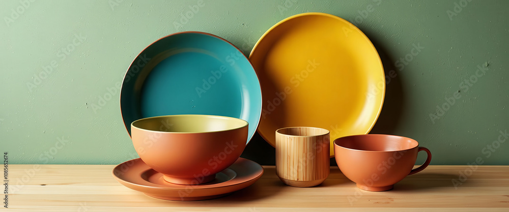 Poster a collection of bowls and vases are displayed on a table. the bowls are of various sizes and colors,