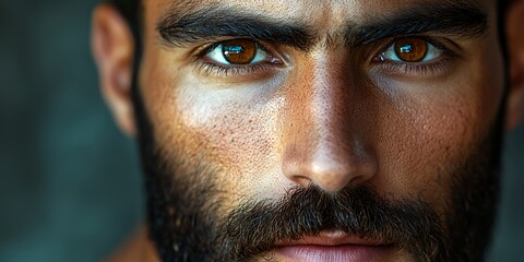Fototapeta premium A Close-Up Portrait of a Man With Striking Brown Eyes and a Dark Beard, Showcasing Intense Expression and Unique Facial Features Against a Blurred Background