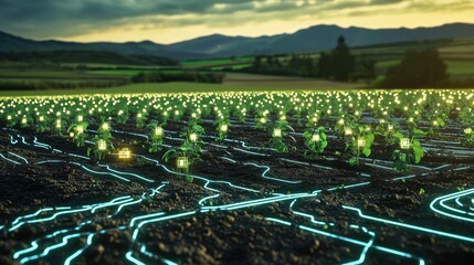 Futuristic Crops Growing From Glowing Circuitry in a Serene Rural Landscape at Sunset