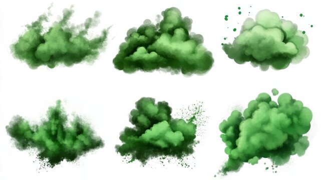 Variety of Green Clouds with Unique Textures Floating on White Background, Evoking Peaceful and Serene Atmosphere