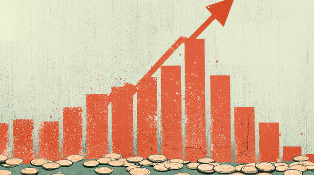 Cartoon graph depicting a steep upward trend with coins at the base illustrating financial growth and success over time in a simple design
