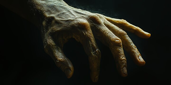 A Close-Up of an Aged Hand Reaching out Against a Dark Background, Emphasizing the Beauty and Texture of Aged Skin in a Moment of Connection and Expression