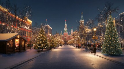 Fototapeta premium A city street is lit up with Christmas lights and decorated with trees