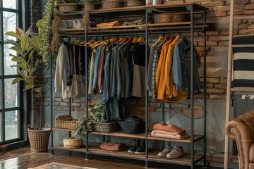 Industrial Style Multi-Layer Rack with Black Metal Frame and Wooden Shelves, Hanging Bars and Lower Shelf for Storage, Stylish Home Decor Element