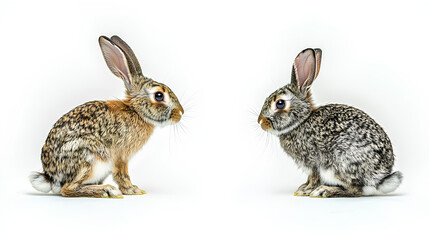 Obraz premium Close-up of two cute rabbits with contrasting fur patterns, sitting face-to-face on a white background, showcasing their curious poses. 