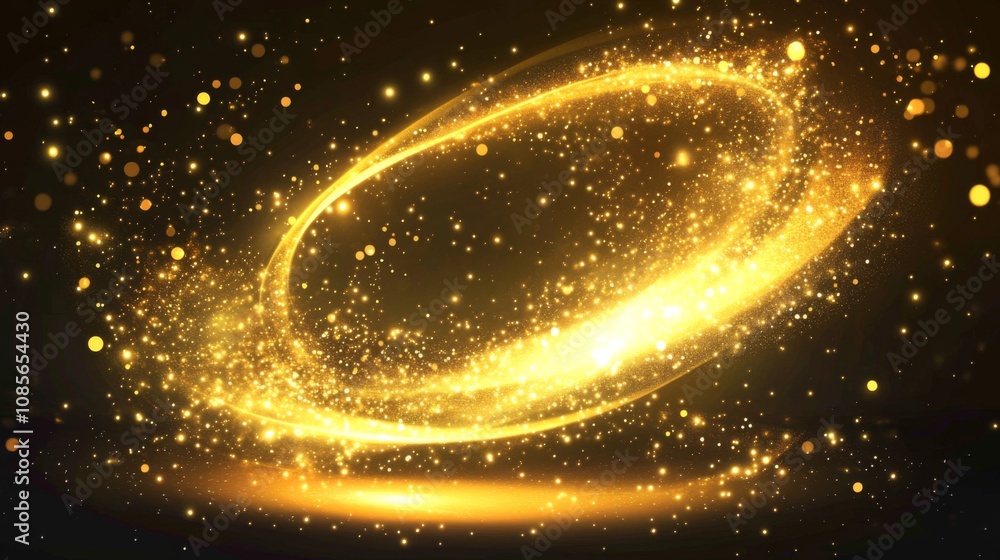 Poster golden spiral digital art on dark background with scattered particles creating depth and dimension, 