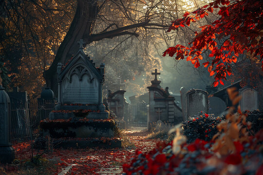 Fantastically mysterious cemetery with tombstones and terribly atmosphere