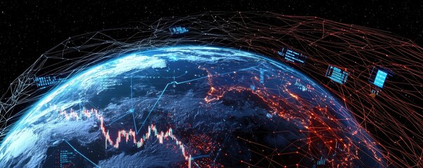 Global Digital Connection with Data Streams Depicting Networks and Market Trends Over Earth at Night, Highlighting Technology and Future Innovations