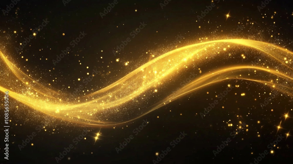 Poster abstract digital art: flowing gold wave with sparkling stars on dark background - dynamic compositio