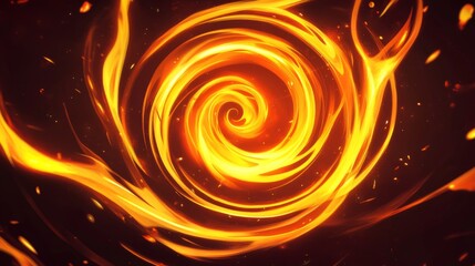 Dynamic Fiery Vortex: Abstract Digital Art in Bright Orange and Yellow Flame Shape on Dark Background