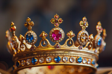Fototapeta premium Fantastic beautiful king or queen crown from gold material for coronation