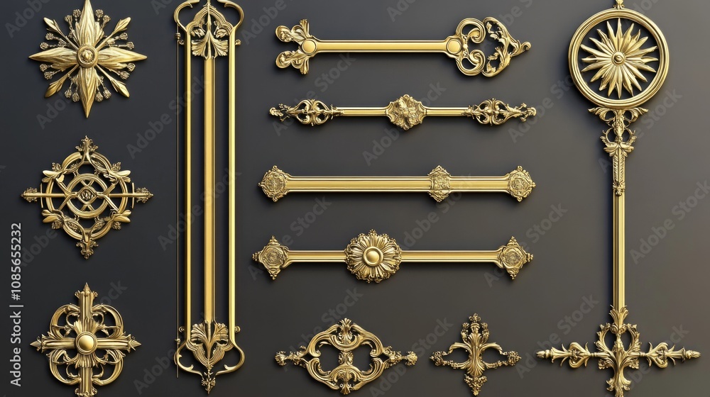 Poster golden collection of nine decorative elements in grid pattern on dark grey background