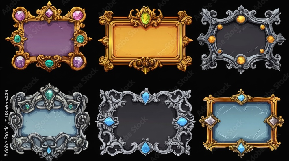 Poster set of nine intricately designed ornate frames and borders in various styles and colors on black bac