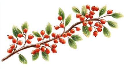 Vibrant digital illustration of brown branch with red berries and green leaves on white background, with glossy texture.