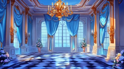 Obraz premium Luxurious room with grand chandelier, intricate designs, light blue walls, checkered tiles, gold accents, and elegant decorations in blue-gold palette.