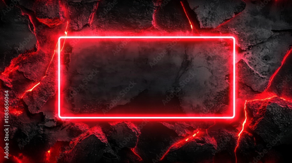 Poster futuristic red neon lights frame on dark textured background - digital art with depth and dimension