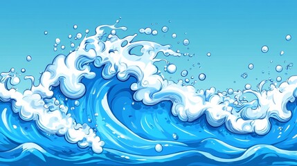 Vibrant Turquoise Ocean Wave Illustration with Bubbles and Splashing Water, Dynamic and Energetic Composition