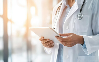 doctor holding tablet in medical setting, showcasing modern healthcare technology and AI assisted diagnosis. scene conveys professionalism and innovation. Healthcare Advancements concept