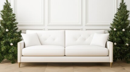 Obraz premium Christmas furniture, Decor, Minimalist. A stylish white sofa is flanked by two festive evergreen trees, creating a cozy and elegant holiday atmosphere.