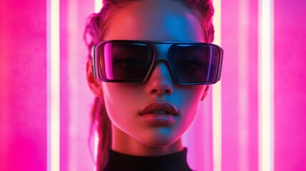 Stylish woman in vibrant neon glasses with futuristic accents