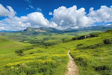 Fototapeta premium Rocky trail pathway with natural landscape view of snowcapped mountain range with cloudy blue sky- Himalayas ridge, Nepal. Beautiful simple AI generated image