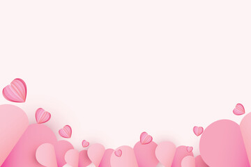 Paper cut elements in shape of heart on rectangular frame has free space.and pink sweet background. Vector symbols of love for Happy Valentines Day, birthday greeting card design.