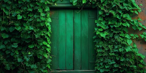 A rustic green door is artfully concealed within a dense covering of lush green ivy, creating a secretive ambiance.