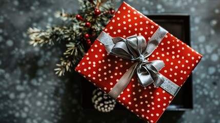 Obraz premium Red Gift Box Tied with a Ribbon - a festive and delightful visual. The red gift box wrapped in a ribbon brings a joyful and celebratory atmosphere.