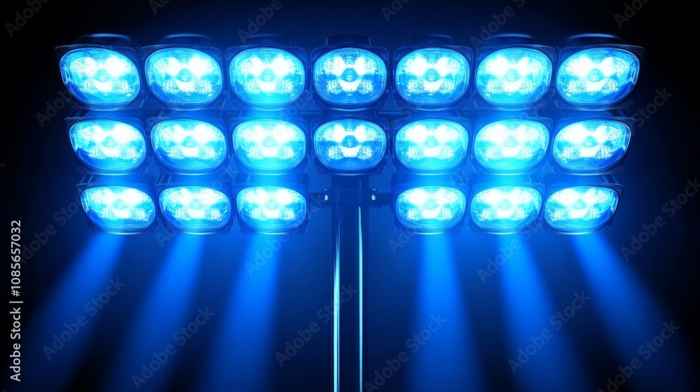 Poster blue led floodlights on tall pole in a grid pattern emitting bright light against black background. 