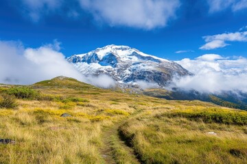 Fototapeta premium Rocky trail pathway with natural landscape view of snowcapped mountain range with cloudy blue sky- Himalayas ridge, Nepal. Beautiful simple AI generated image