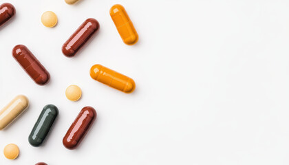 visually appealing array of colorful capsules and tablets on white background, showcasing various shapes and sizes of personalized medicine. Healthcare Advancements concept