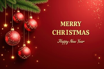 Festive christmas background with hanging ornaments and pine branches on red.