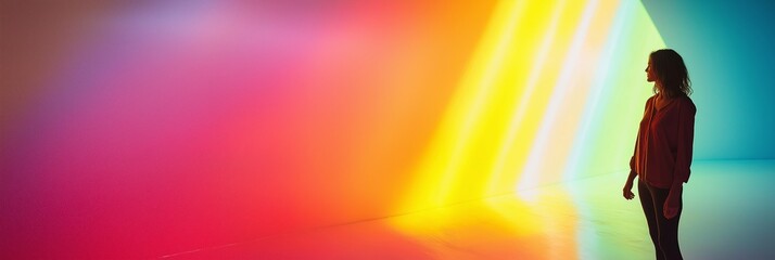 Silhouette stands in a vibrant rainbow light tunnel, evoking wonder and reflection amidst a modern, abstract backdrop.