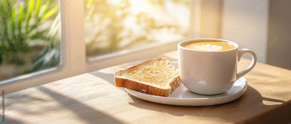 Poster warm cup of coffee and slice of toast on rustic table, illuminated by sunlight streaming through win