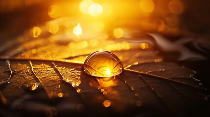 Obraz premium Delicate Water Drop Reflects Golden Sunrise on Leaf Surface