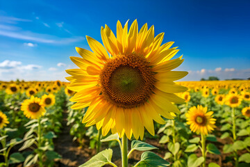 Fototapeta premium A vibrant sunflower stands tall amidst a sunny field, showcasing its bright yellow petals against a clear blue sky.