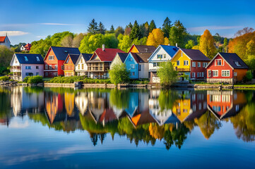 Obraz premium A picturesque lakeside scene featuring colorful houses reflecting in calm waters, surrounded by lush greenery and a clear blue sky.