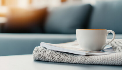 cozy scene featuring coffee cup on blanket with magazine, perfect for relaxation and wellness. Enjoy warmth and comfort of this inviting atmosphere. coffee and health concept