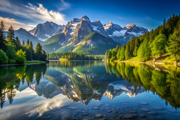 Fototapeta premium A stunning landscape featuring majestic mountains reflected in a serene lake, surrounded by lush greenery and a clear blue sky.