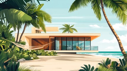 Tropical beach house with open-air design, palm trees, hammock in the garden, waves crashing nearby 