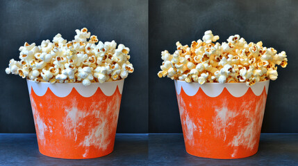 Delicious popcorn bucket filled with fluffy popcorn, perfect for movie nights or snacks. Enjoy crunchy texture and buttery flavor in this vibrant orange container