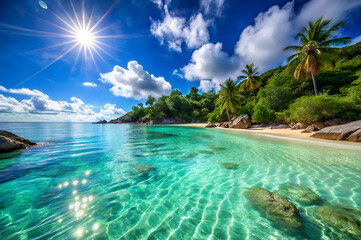 Fototapeta premium A stunning tropical beach scene featuring crystal-clear water, lush greenery, and vibrant blue skies illuminated by bright sunshine.