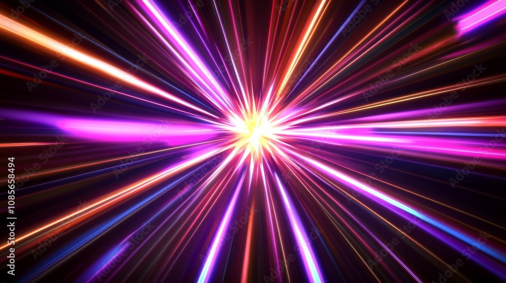 Poster vibrant abstract digital art with multicolored starburst effect on black background, creating energy