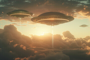 Iron oval UFO saucer hovering over beautiful landscape in dramatic sky