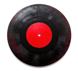 Vintage black vinyl record with a red label, isolated on a white background